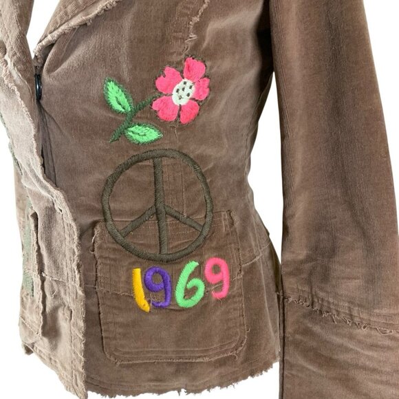 Pepper Brown Corduroy Jacket 1969 Peace Sign Appliqué Boho Hippie Y2K Retro S - Picture 4 of 8